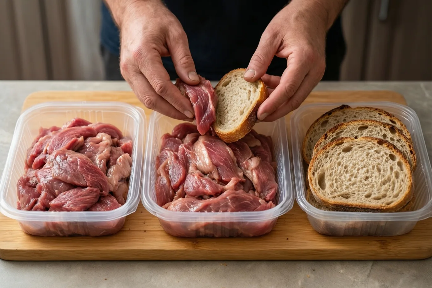 Handen leggen een snee brood op rauw vlees in een plastic bakje, naast twee andere bakjes met vlees en brood op een houten snijplank.