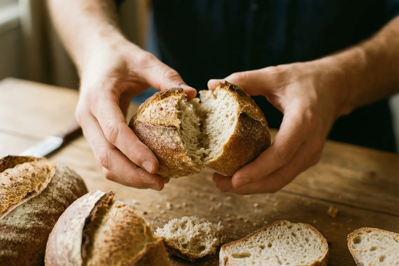 Twee handen breken een landelijk brood open op een houten tafel met andere broden en sneetjes eromheen.