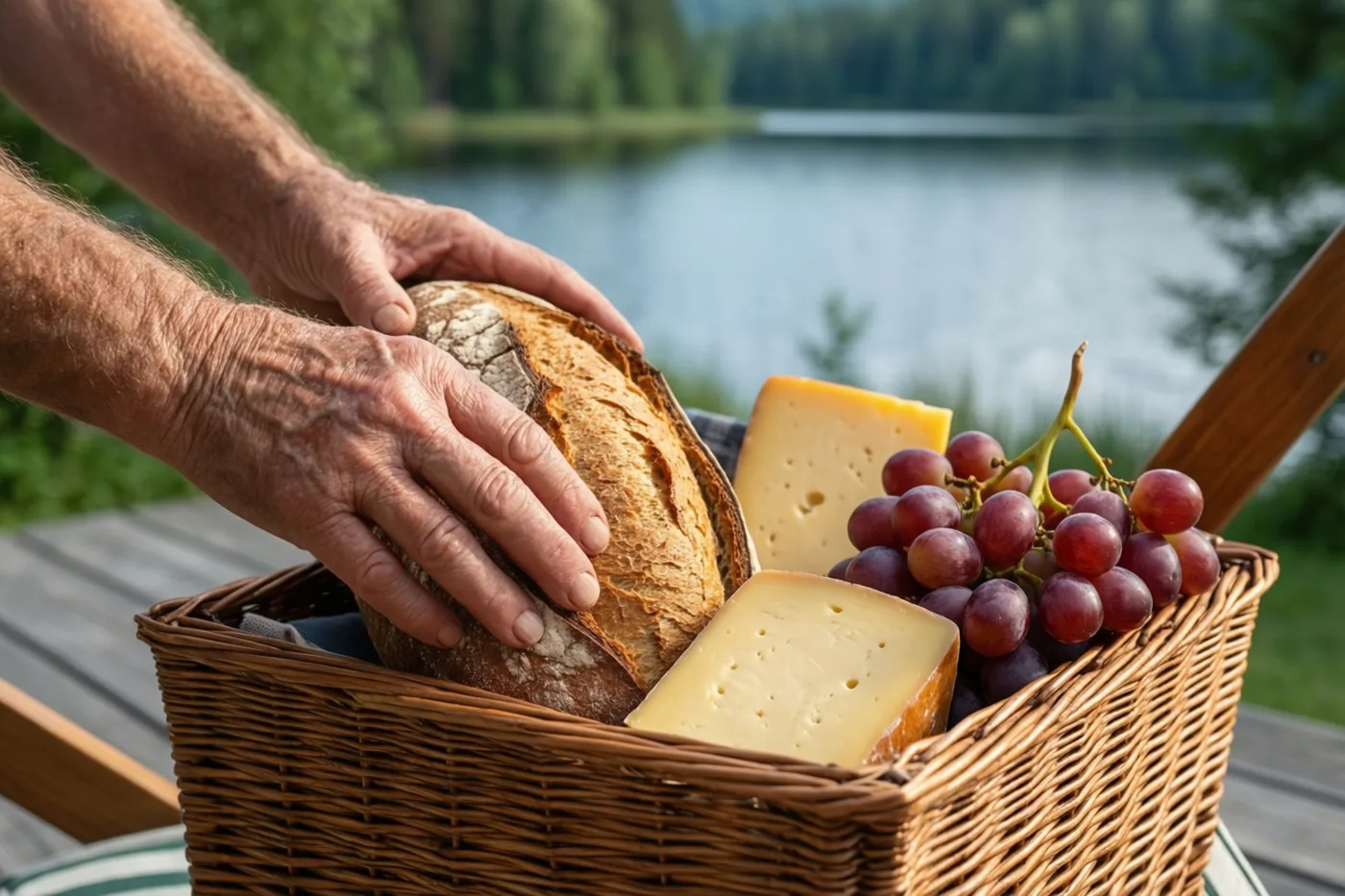 Oudere handen halen een rustiek brood uit een rieten mand met kaas en druiven op een houten ligstoel naast een rustig meer met groene bomen op de achtergrond.