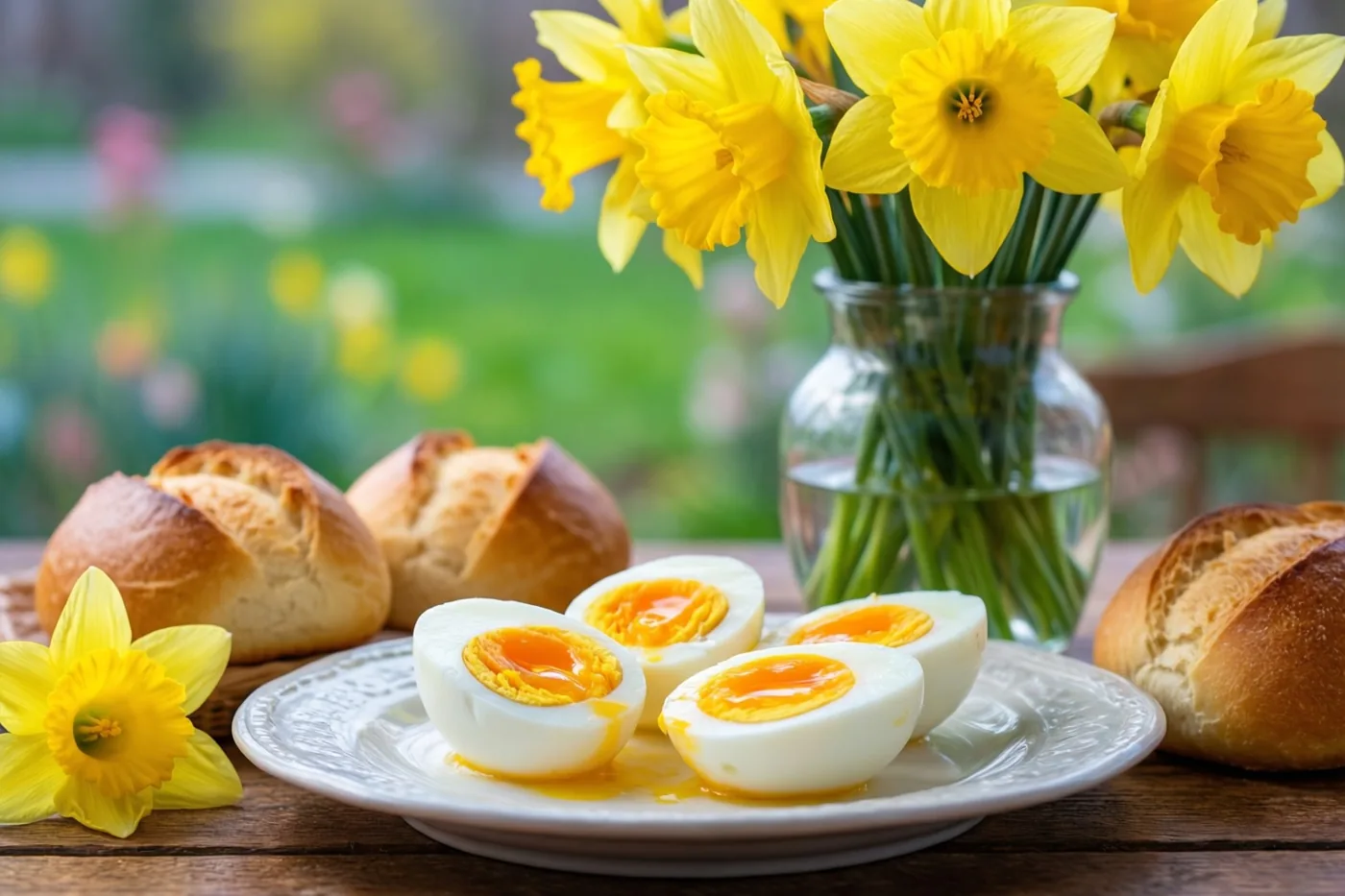 Een wit bord met gehalveerde gekookte eieren, goudbruine broodjes en een glazen vaas gele narcissen staan op een houten tafel voor een wazige groene tuin.