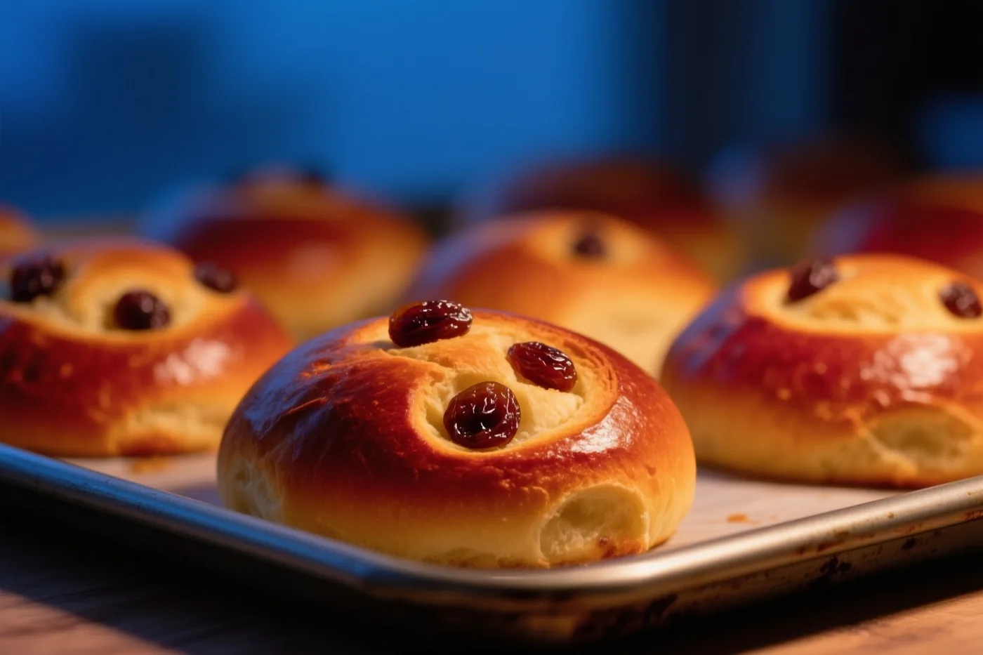 Versgebakken zoete broodjes met oogjes van rozijnen liggen op een metalen bakplaat in warm licht tegen een donkerblauwe achtergrond.