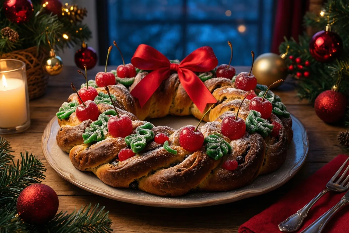 Een kerstbrood in kransvorm met gekonfijte kersen en een rood lint ligt op een bord op een houten tafel met kerstversiering en een brandende kaars.