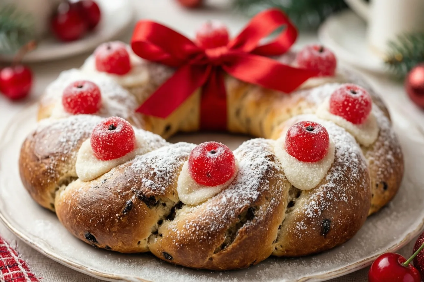 Een kerstbrood in kransvorm met gekonfijte kersen en een rood lint ligt op een bord, met dennentakken en losse kersen op de warm verlichte tafel.