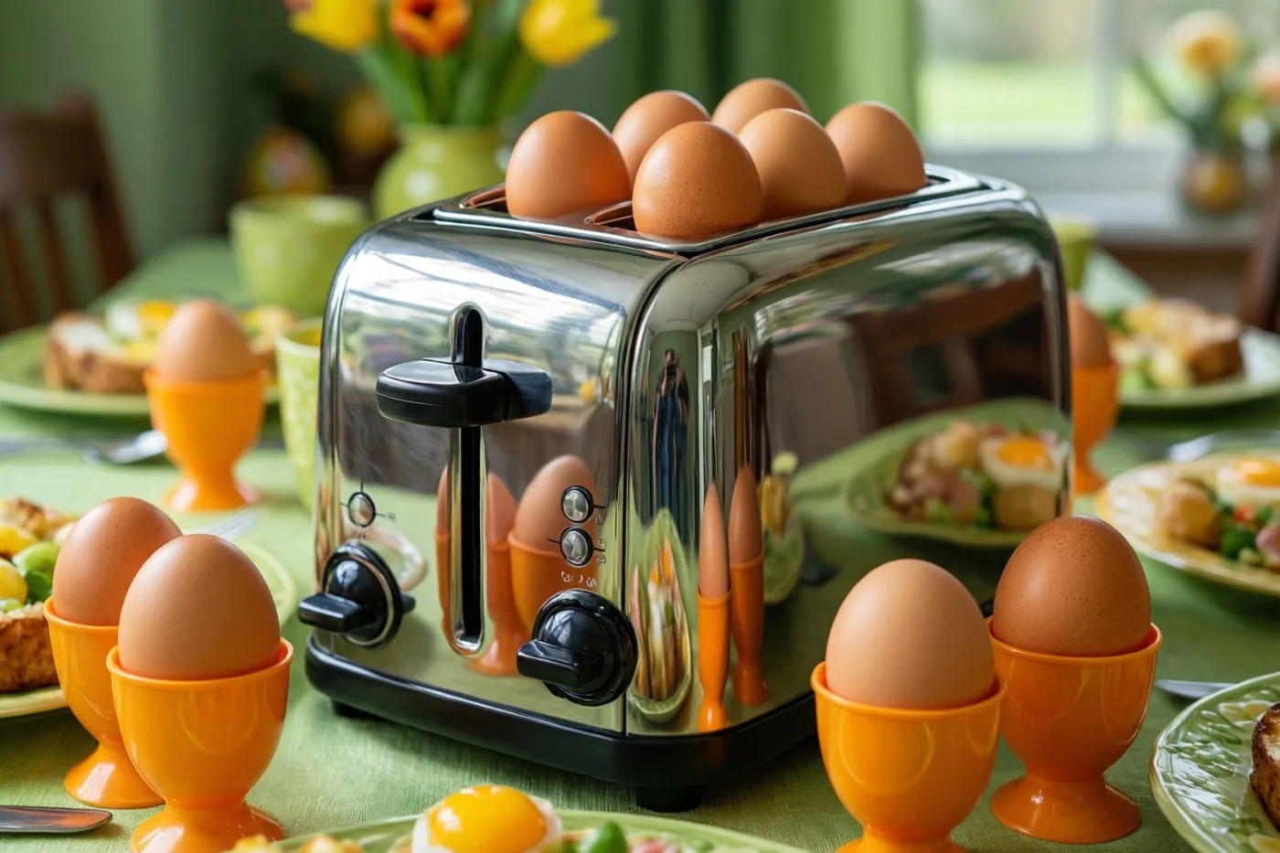 Een chromen broodrooster vol bruine eieren staat op een groen tafelkleed tussen oranje plastic eierdopjes met eieren, met ontbijtborden en gele tulpen op de achtergrond.