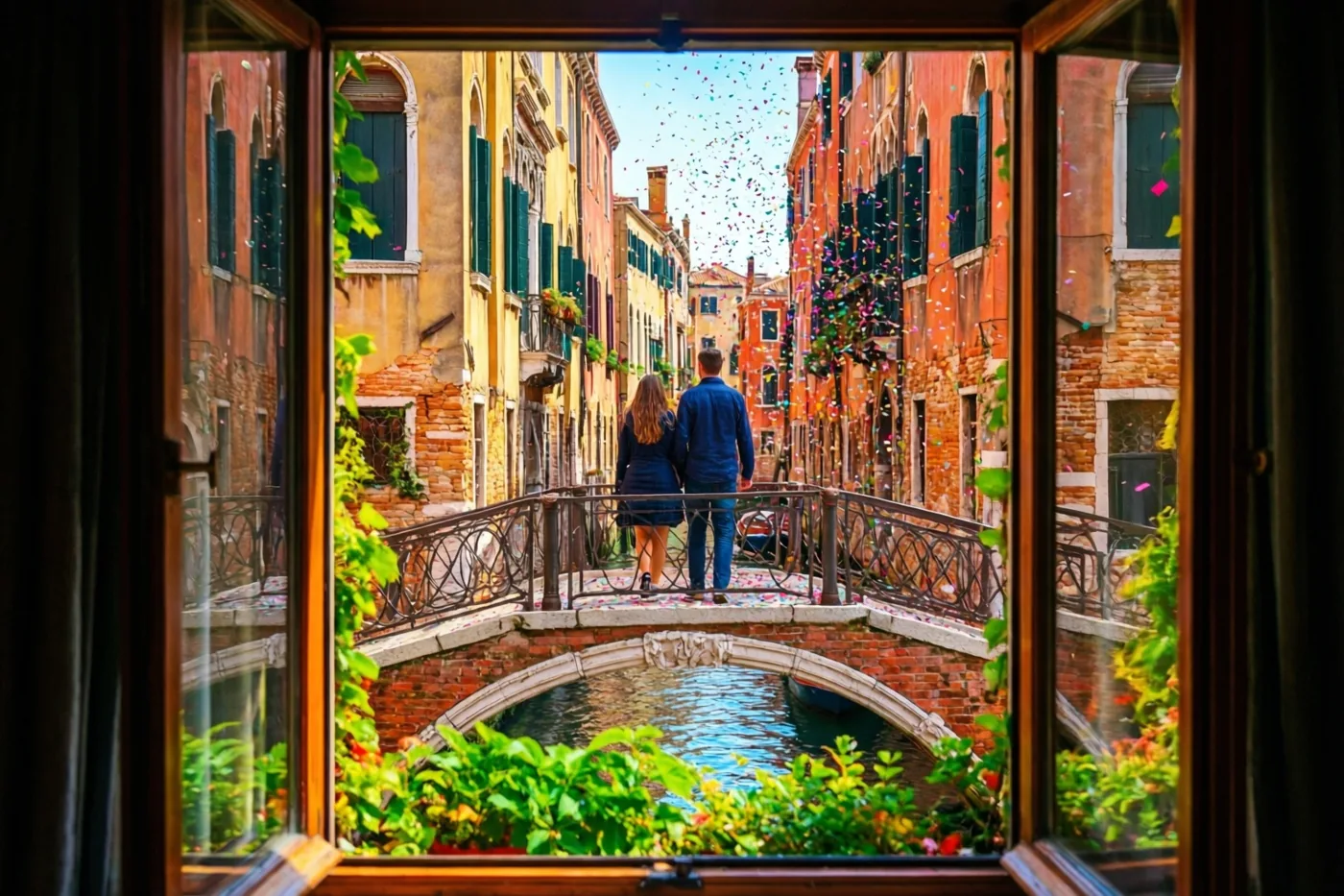 Door een raam met groen op de voorgrond is een koppel te zien dat over een stenen brug boven een kanaal wandelt, tussen kleurrijke oude gebouwen en vallende confetti.