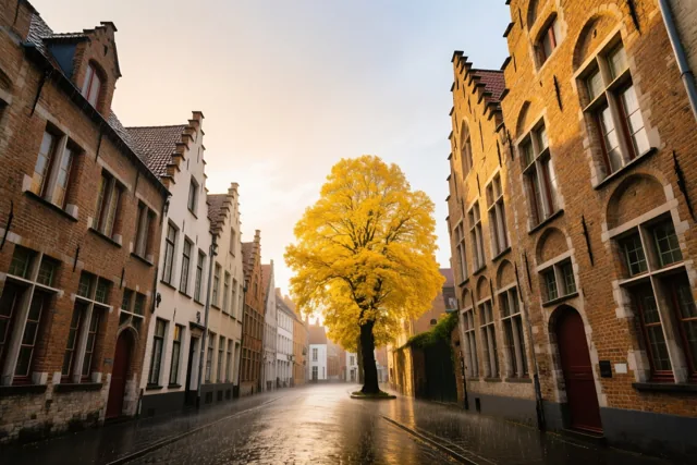 Een smalle Brugse straat met trapgevels en een felgele boom heeft natte kasseien die warm gouden licht weerspiegelen.