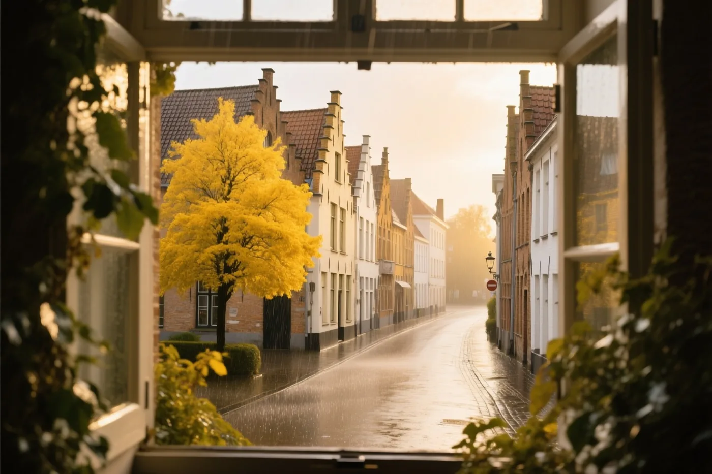 Door een open raam is een regenachtige Brugse straat met trapgevels en een felgele boom te zien in warm gouden licht.