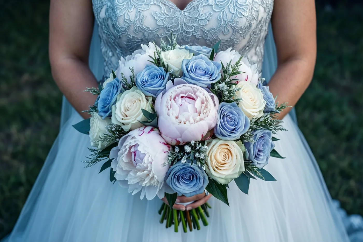 Een bruid in een lichtblauwe kanten jurk houdt buiten een boeket blauwe, witte en roze rozen en pioenrozen vast tegen een onscherpe groene achtergrond.
