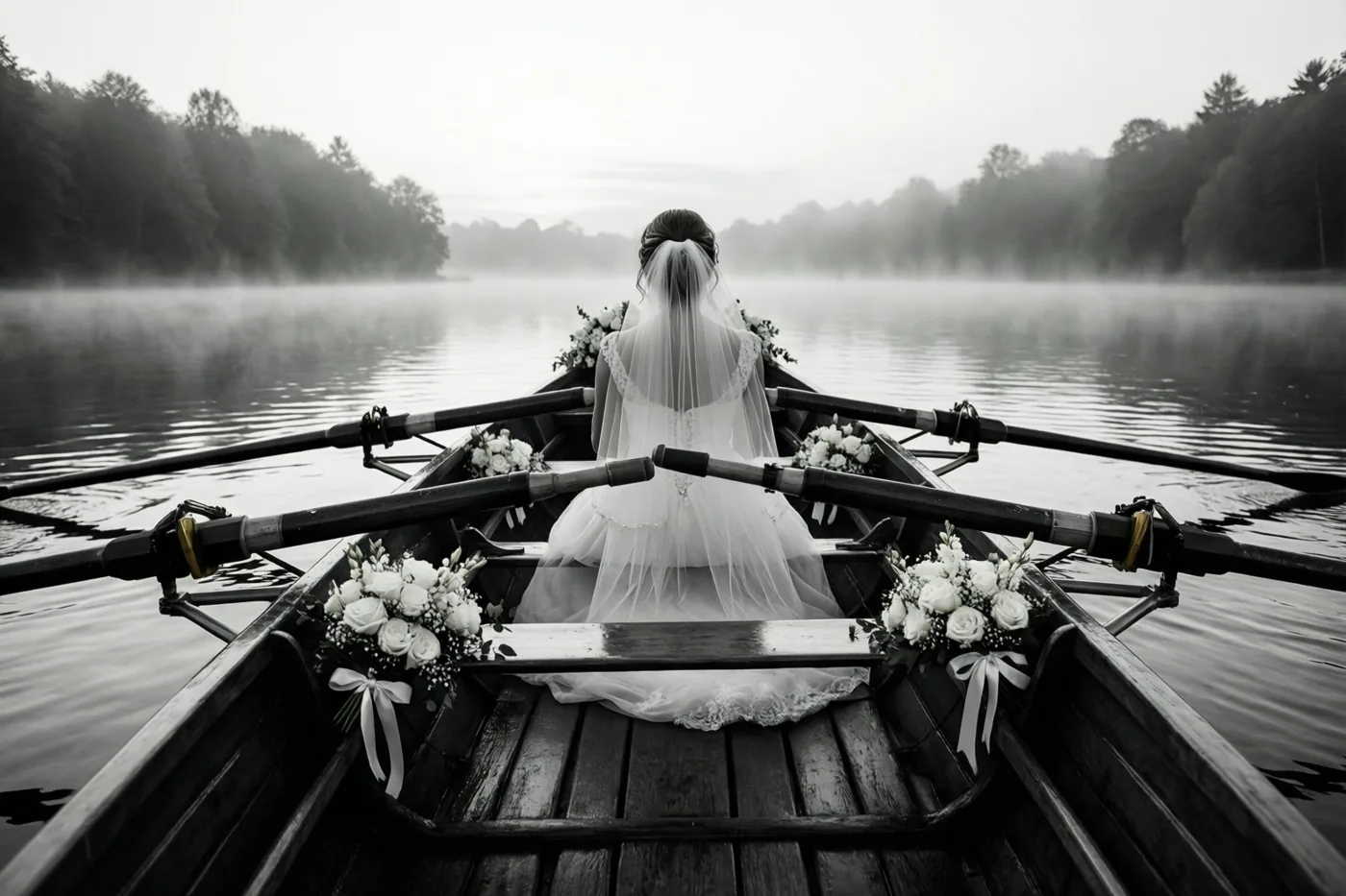 Een zwart-witfoto toont een bruid in een witte trouwjurk en sluier in een roeiboot met witte bloemstukken en linten op een mistig meer bij dageraad.