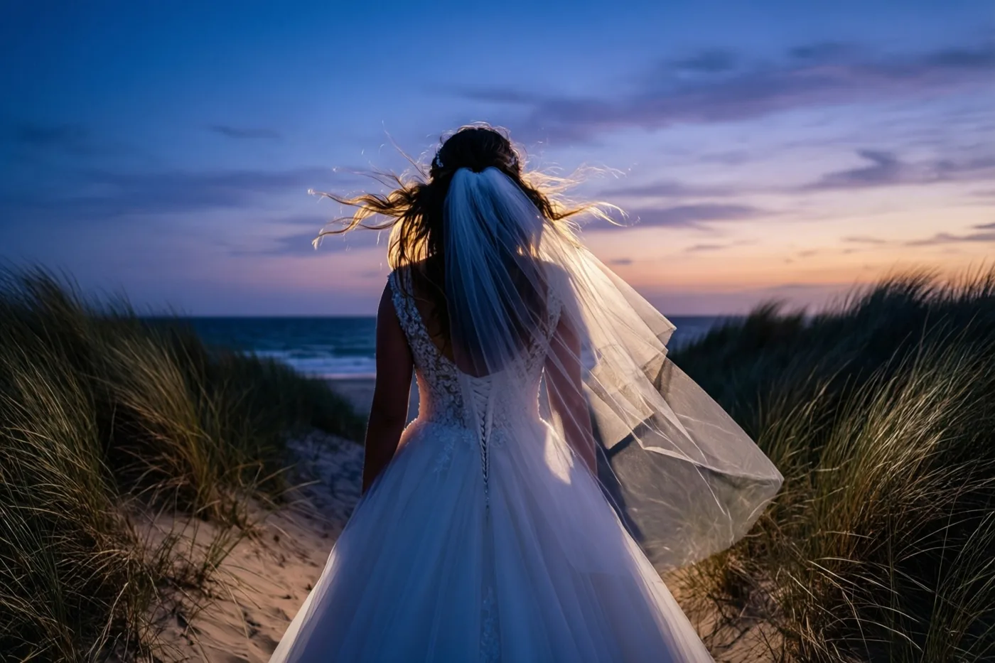 Een bruid in een witte trouwjurk en sluier loopt van de kijker weg over een zandpad tussen hoge grassen, met de zee onder een blauwe en oranje avondlucht.