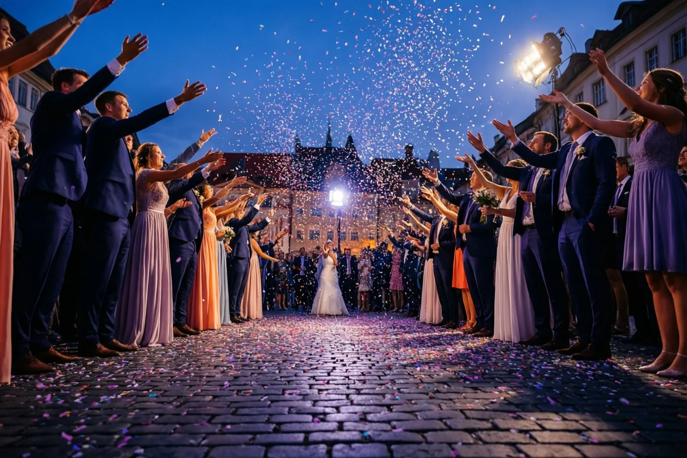 Een bruid in een witte jurk loopt bij schemering over een verlicht kasseiplein, omringd door bruiloftsgasten die kleurrijke confetti gooien, met historische gebouwen onder een diepblauwe hemel.