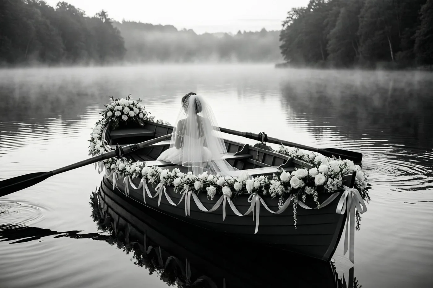 Een zwart-witfoto toont een bruid met een witte sluier in een roeiboot met witte bloemen en linten op een mistig meer bij dageraad.