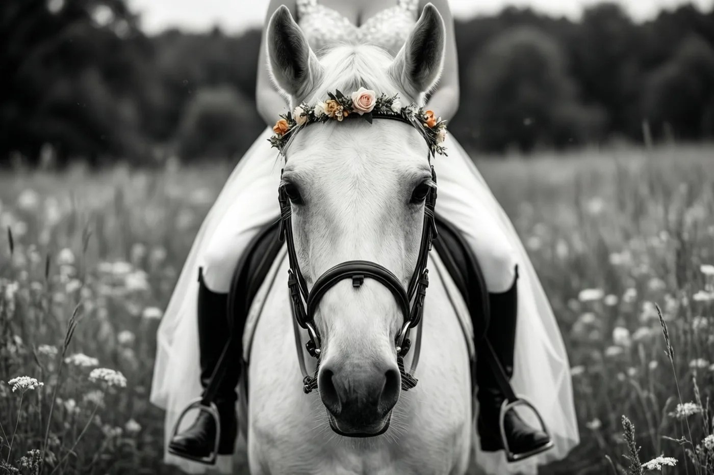 Een bruid in een witte trouwjurk rijdt op een wit paard door een weide, van achteren gezien, met een bloemenband op het hoofd van het paard en een hoofdstel.