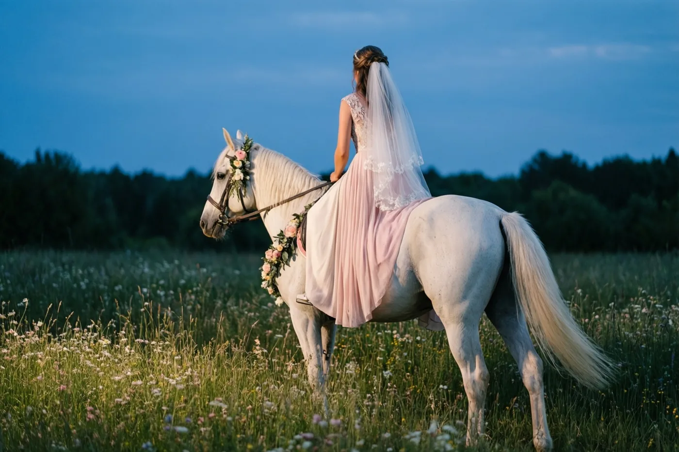 Een bruid in een roze trouwjurk en sluier rijdt op een wit paard met een bloementuig door een groene weide onder een diepblauwe avondlucht.