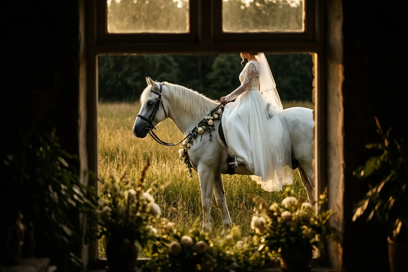 Door een raamkozijn is van achteren een bruid in een witte trouwjurk te zien op een wit paard met een bloementuig, in een weide met goudkleurig zonlicht.