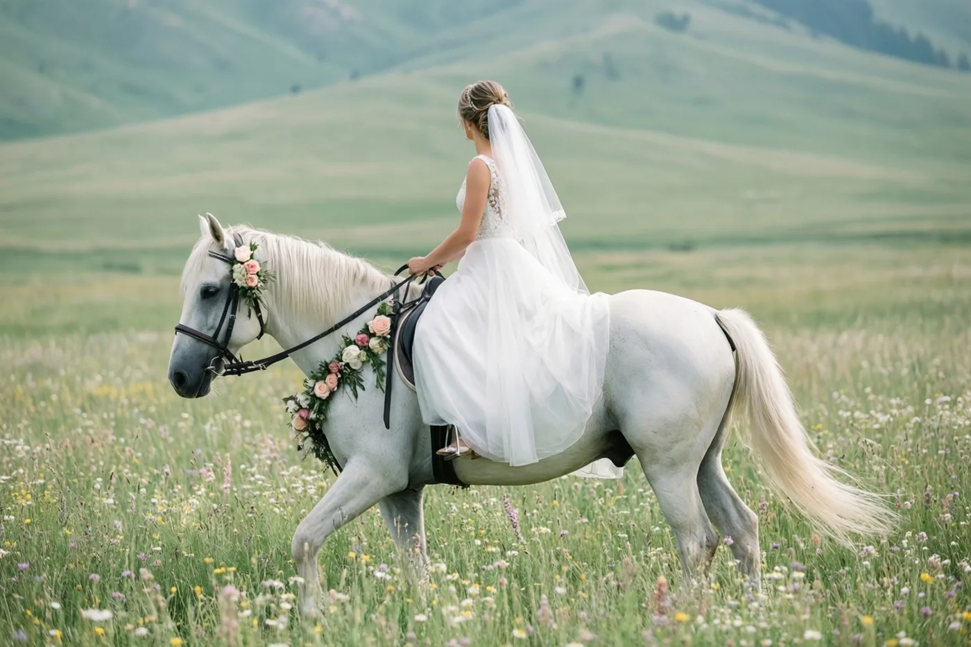 Een bruid in een witte trouwjurk en sluier rijdt op een wit paard met bloementuig door een weide vol veldbloemen, van achteren gezien tegen glooiende groene heuvels.