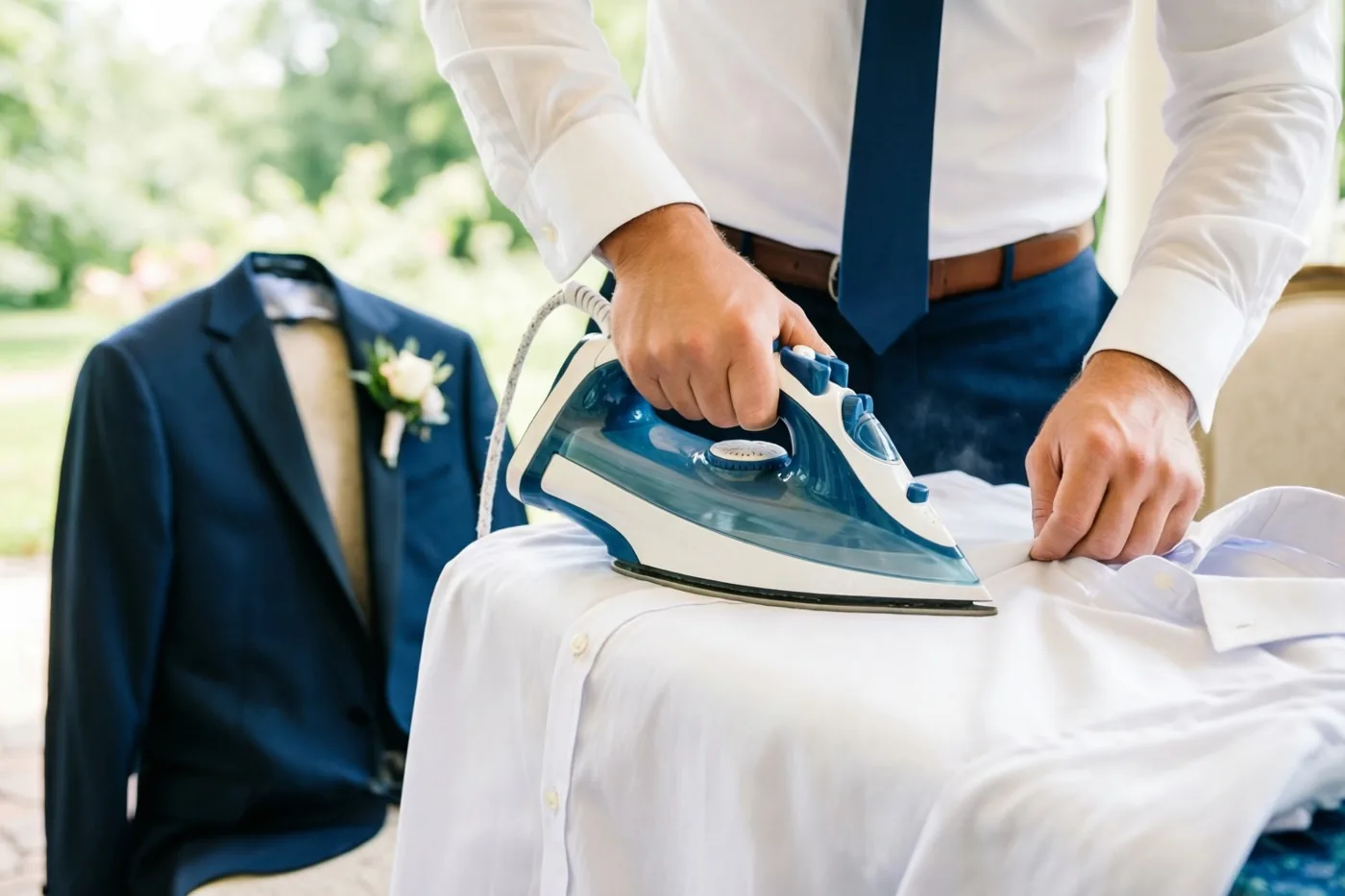Een bruidegom strijkt buiten een wit hemd met een blauw strijkijzer, naast een stoel met een donkerblauwe kostuumvest en een witte corsage.