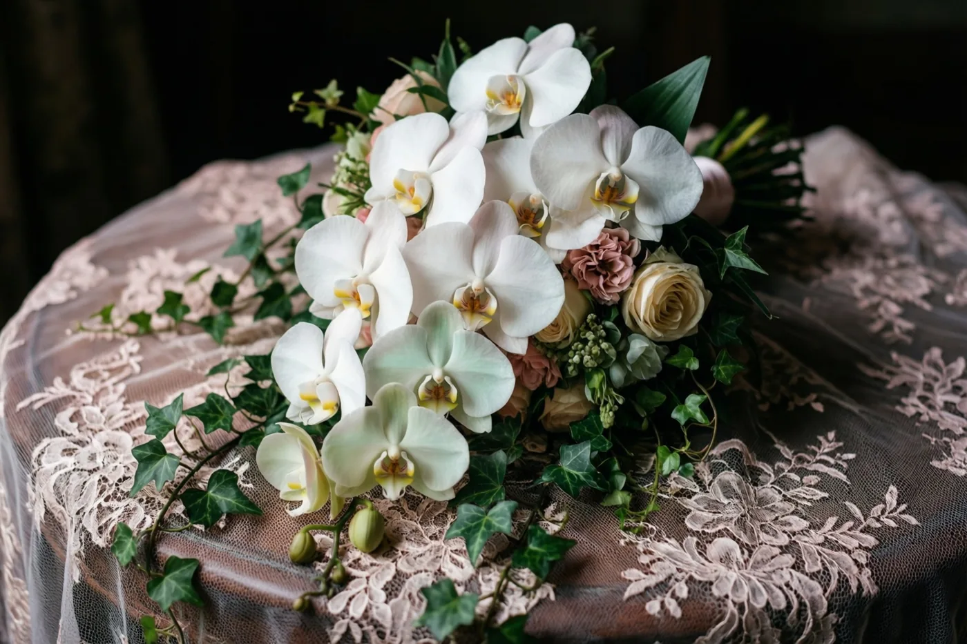 Een afhangend bruidsboeket van witte orchideeën en klimop rust op een kanten sluier in zacht licht met witte, groene en oudroze tinten.