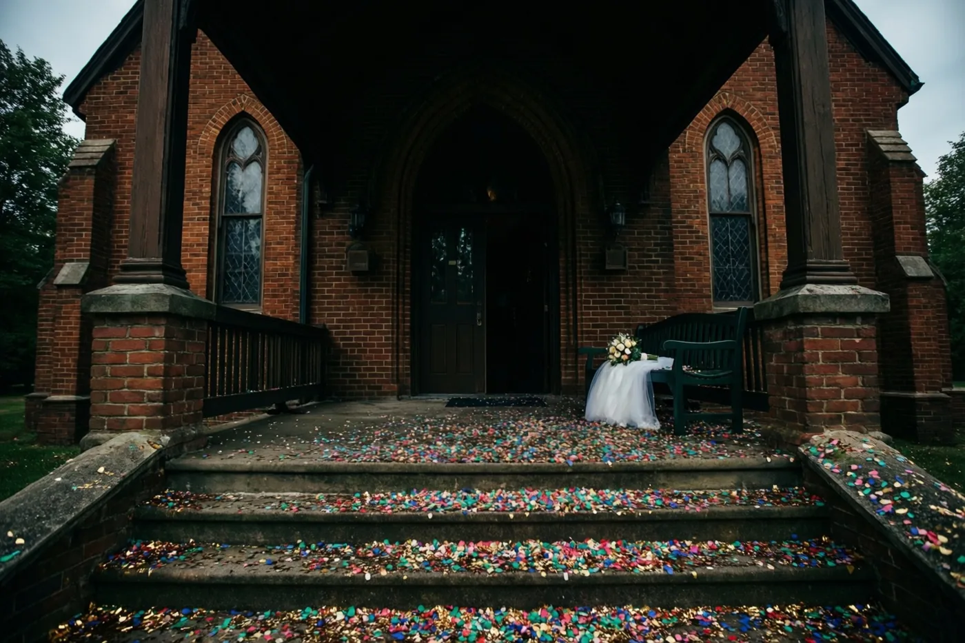 Een rode bakstenen kerk heeft een donkere houten deur en gebogen glas-in-loodramen, met kleurrijke confetti op de trappen en een bruidsboeket op een groene bank naast de ingang.