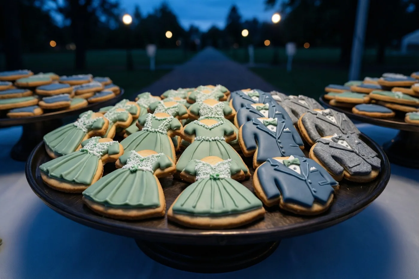 Koekjes in de vorm van trouwjurken en pakken liggen op een desserttafel buiten onder avondlichtjes, met een pad op de achtergrond.