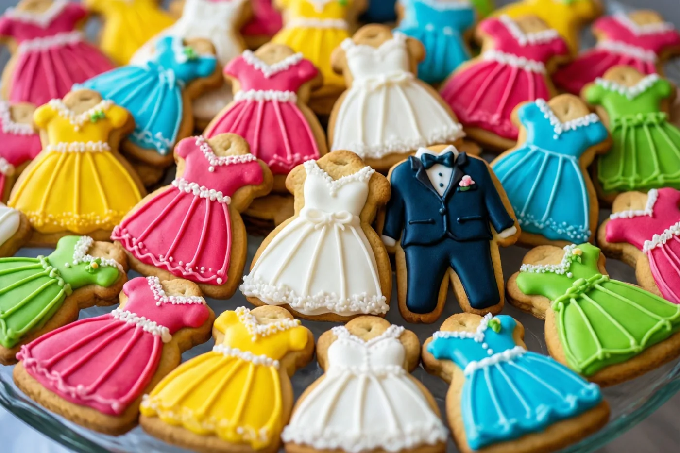 Met glazuur versierde koekjes in de vorm van trouwjurken en een smoking liggen op een glazen dessertbord in roze, witte en blauwe tinten.