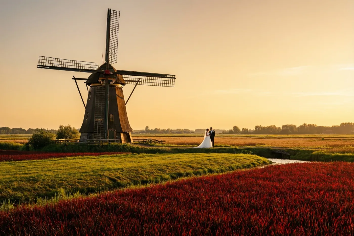 Een bruid en bruidegom staan in een veld met rode en groene begroeiing, met een grote houten windmolen op de achtergrond onder een goudkleurige avondhemel.