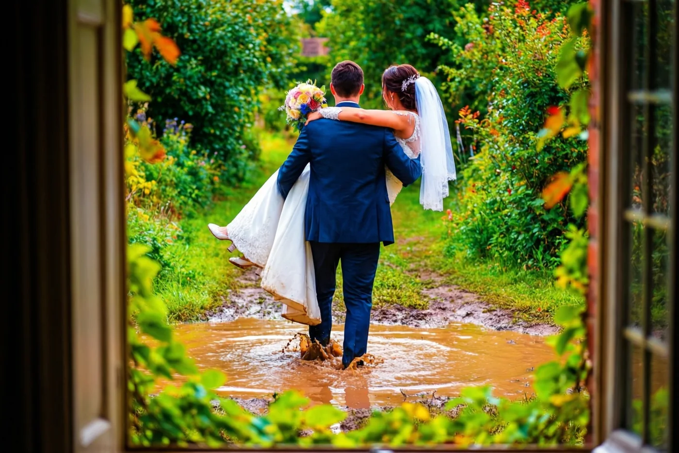 Door een raamkozijn is van achteren een bruidegom in een blauw pak te zien die een bruid met een witte trouwjurk en sluier over een modderplas draagt in een groene tuin.