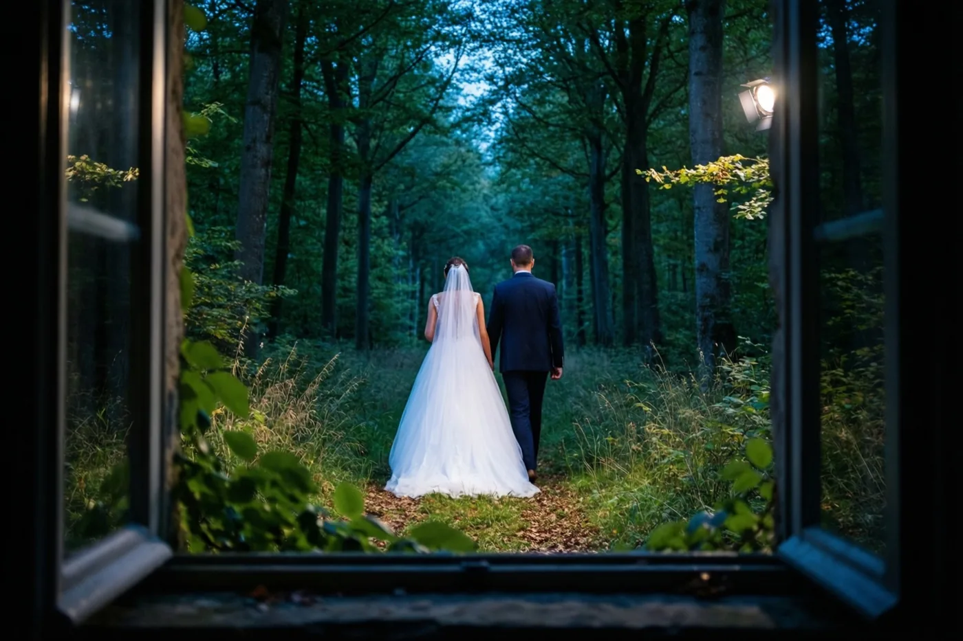 Door een open raam is een bruidspaar van achteren te zien dat wegwandelt over een pad in een dicht groen beukenbos in zacht natuurlijk licht.