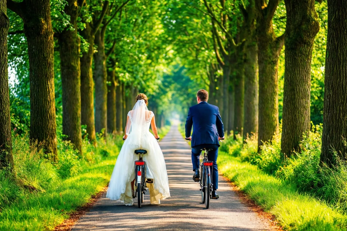 Een bruid in een witte trouwjurk en een bruidegom in een blauw pak fietsen naast elkaar over een verhard pad tussen hoge groene bomen, gezien van achteren in fel zonlicht.