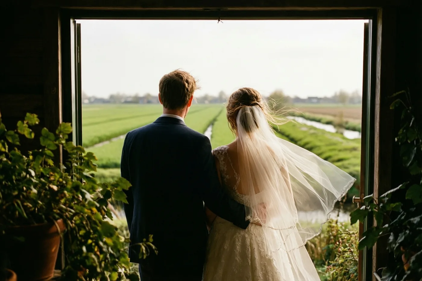 Een bruid en bruidegom staan met hun rug naar de kijker in een deuropening en kijken uit over groene polders met kanalen, terwijl de bruidssluier opwaait.