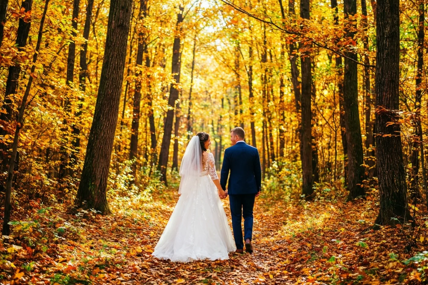Een bruid in een witte jurk met sluier en een bruidegom in een blauw pak wandelen hand in hand over een bospad met gouden bladeren onder hoge bomen met geel loof in het zonlicht.