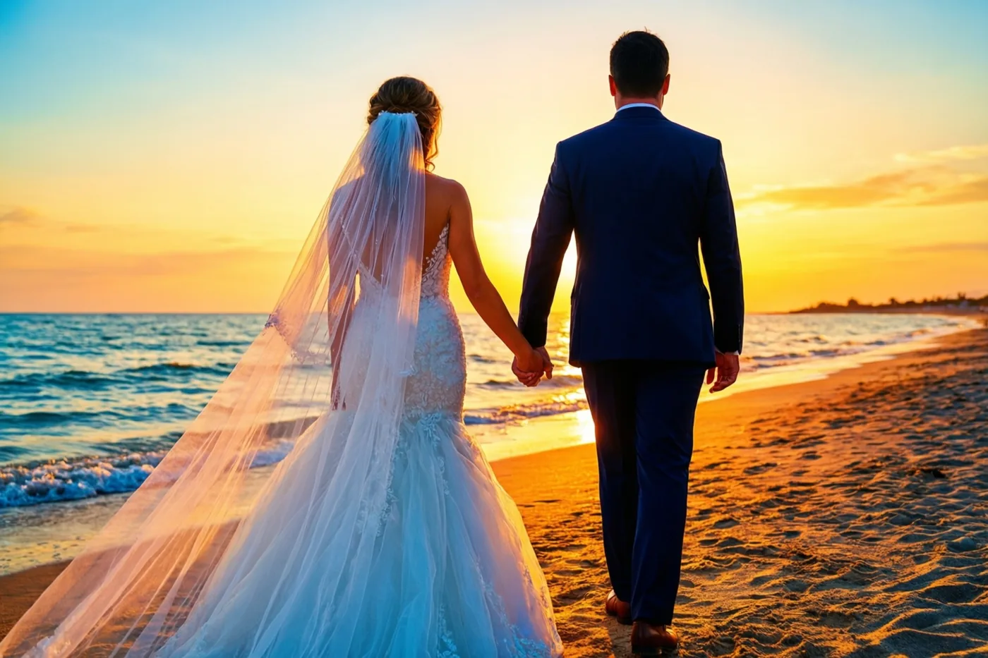 Een bruid en bruidegom wandelen met hun rug naar de kijker hand in hand over een zandstrand bij een gouden en oranje zonsondergang, met de sluier achter de bruid aan.
