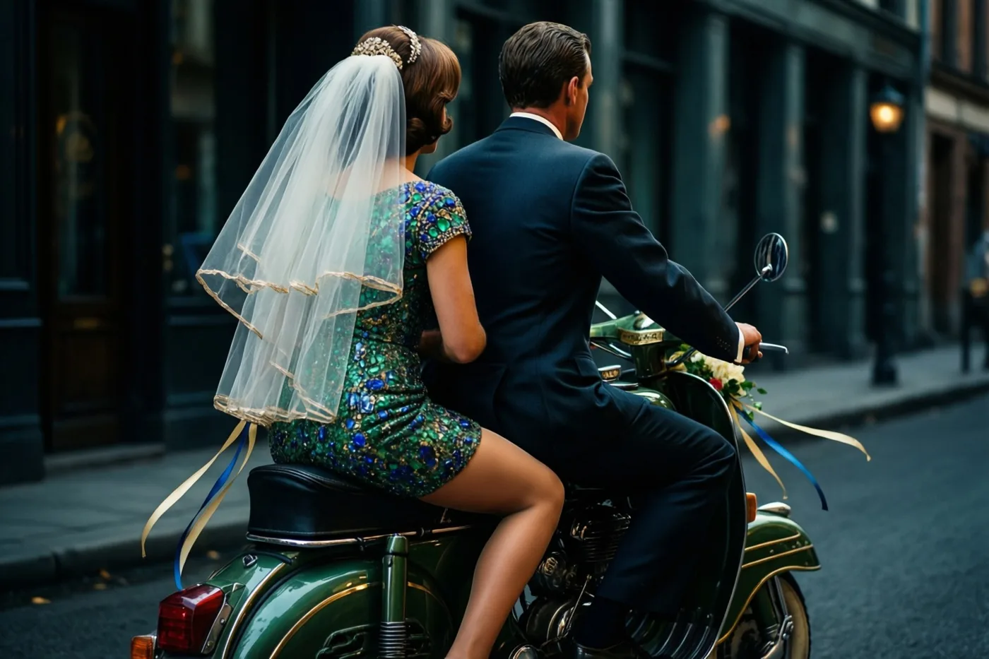 Van achteren is een bruidspaar te zien op een groene scooter met blauwe en gouden linten in een stadsstraat, met de bruid in een korte groene kralenjurk en sluier en de bruidegom in een donker pak.