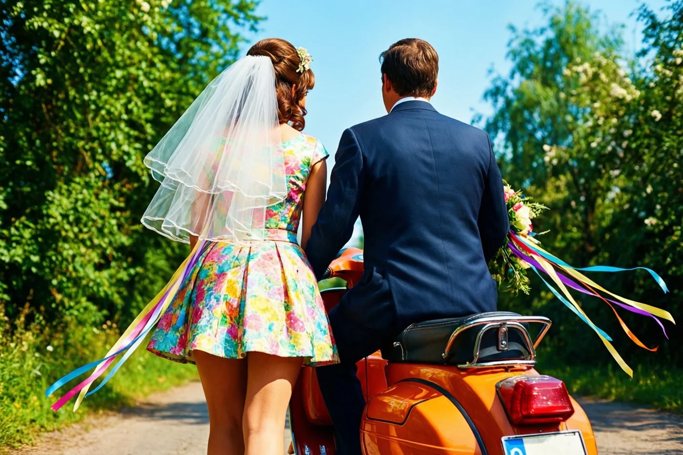 Een bruid in een korte bloemenjurk en sluier en een bruidegom in een donker pak rijden van achteren gezien op een feloranje scooter over een pad met bomen, onder een blauwe hemel.