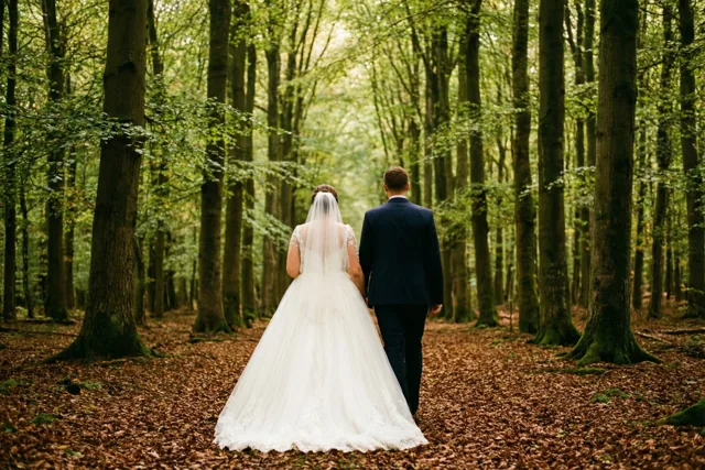 Een bruid in een witte jurk met sluier en een bruidegom in een donker pak wandelen van de kijker weg door een dicht beukenbos met bruine bladeren op de grond en zacht licht door het bladerdak.