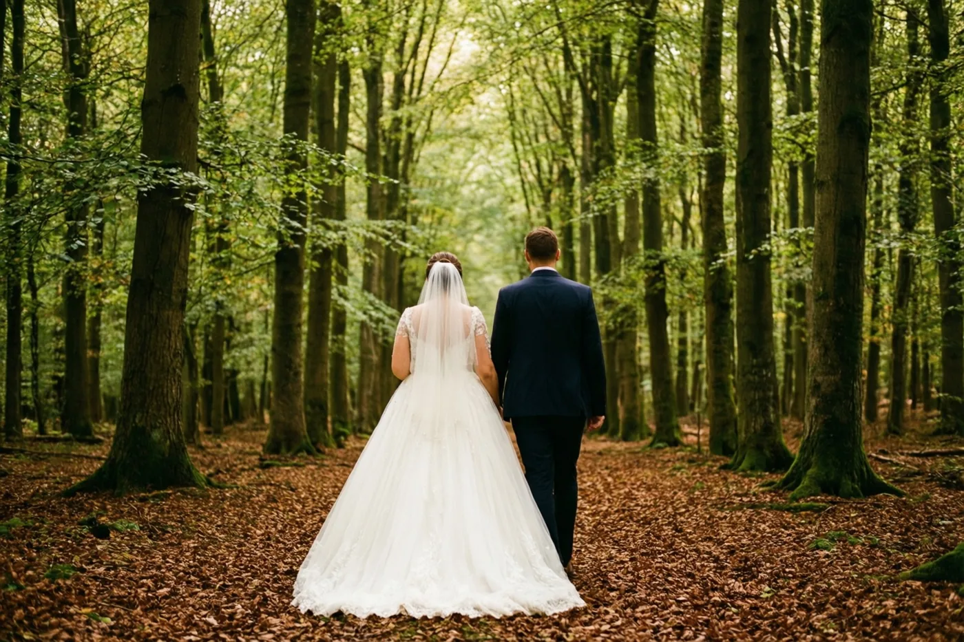 Een bruid in een witte jurk met sluier en een bruidegom in een donker pak wandelen van de kijker weg door een dicht beukenbos met bruine bladeren op de grond en zacht licht door het bladerdak.