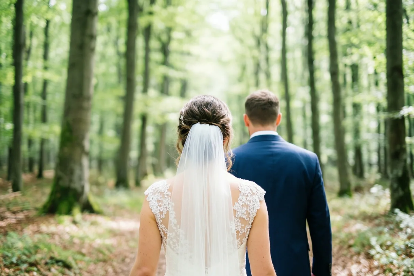 Een bruid en bruidegom wandelen met hun rug naar de kijker door een groen beukenbos waar zonlicht tussen de bladeren valt.