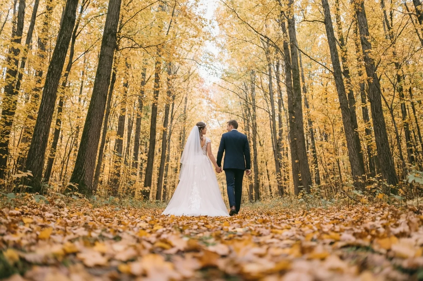 Een bruid in een witte jurk met sluier en een bruidegom in een donker pak wandelen hand in hand van de kijker weg tussen hoge bomen boven een tapijt van gouden herfstbladeren.
