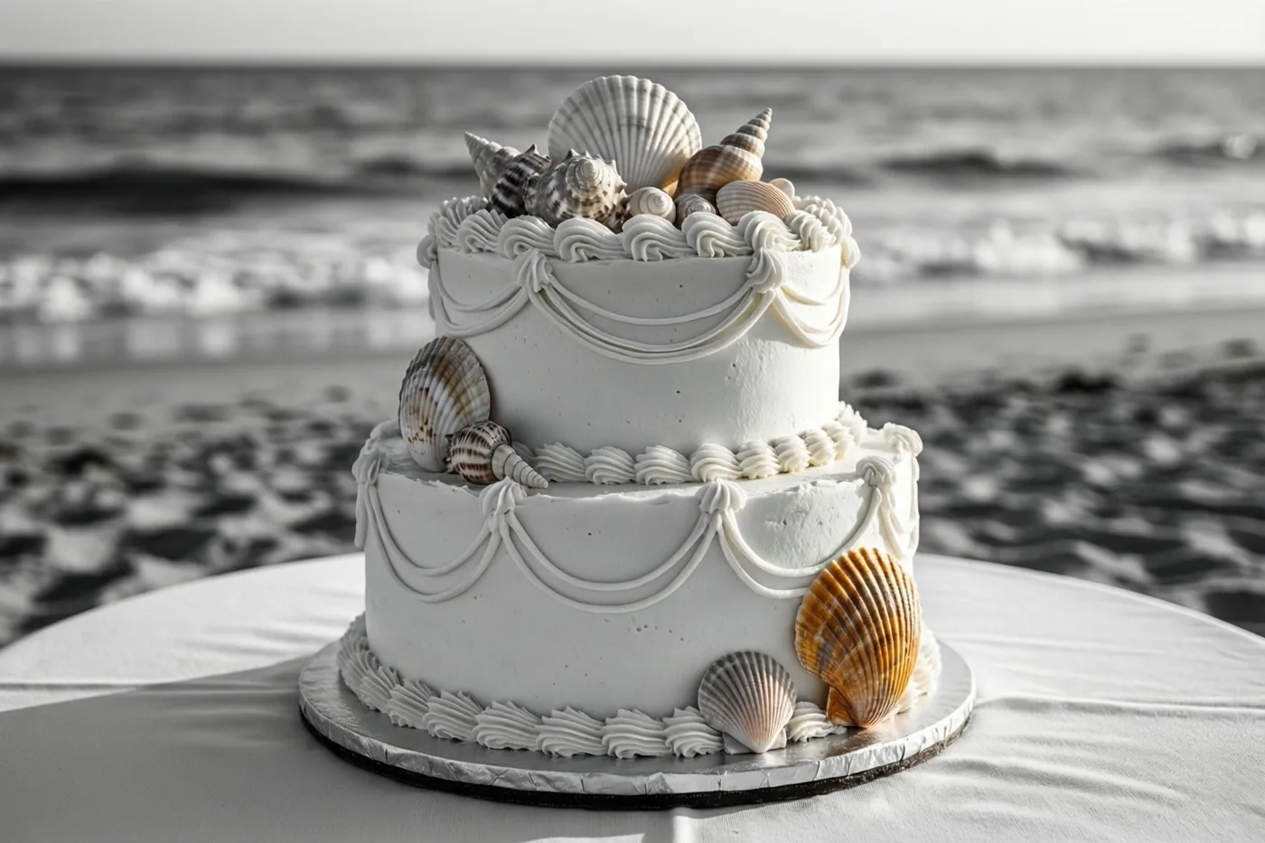 Een zwart-witbeeld toont een witte bruidstaart met twee lagen en schelpen op een tafelkleed aan het strand, waarbij één schelp een warme kleur heeft en de zee erachter ligt.