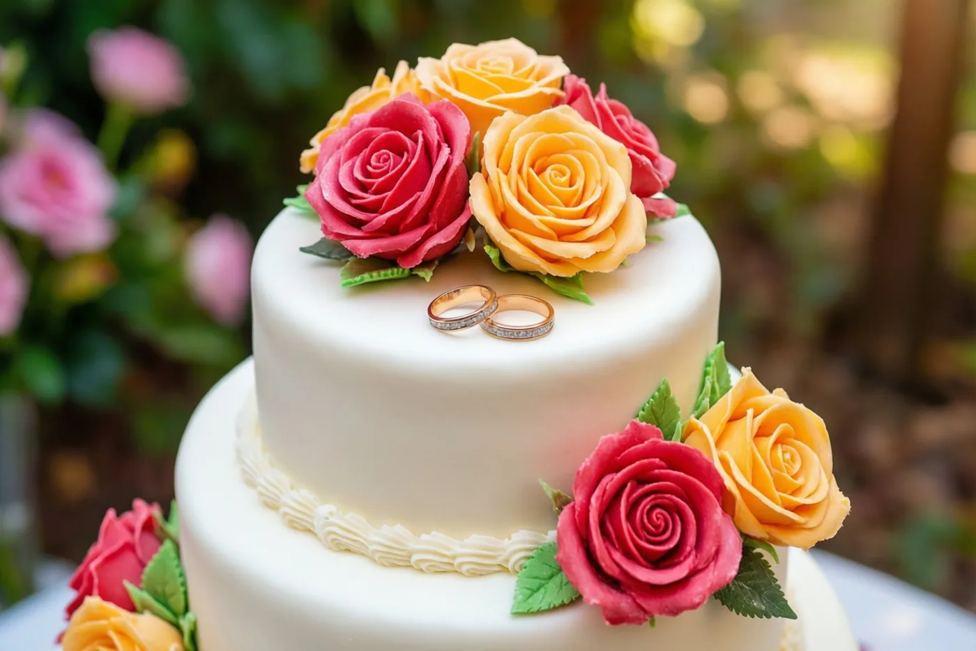 Een witte bruidstaart van twee lagen met rode en gele suikerrozen en twee kleine gouden ringen staat buiten tegen een onscherpe groen-roze bloemenachtergrond.