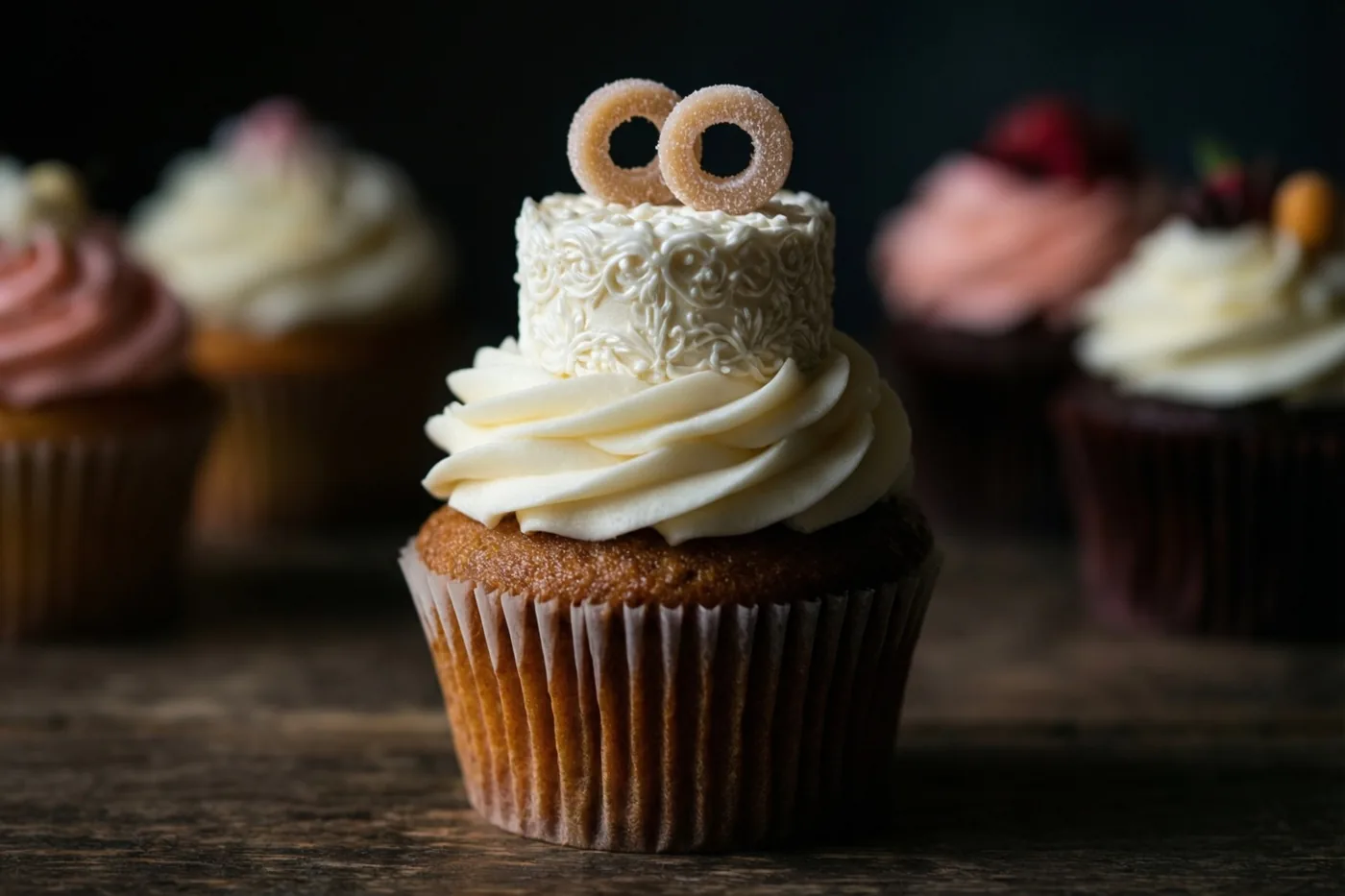 Een cupcake met wit glazuur in de vorm van een kleine bruidstaart en twee suikerringen als oogjes staat op donker hout, met wazige cupcakes op de achtergrond.