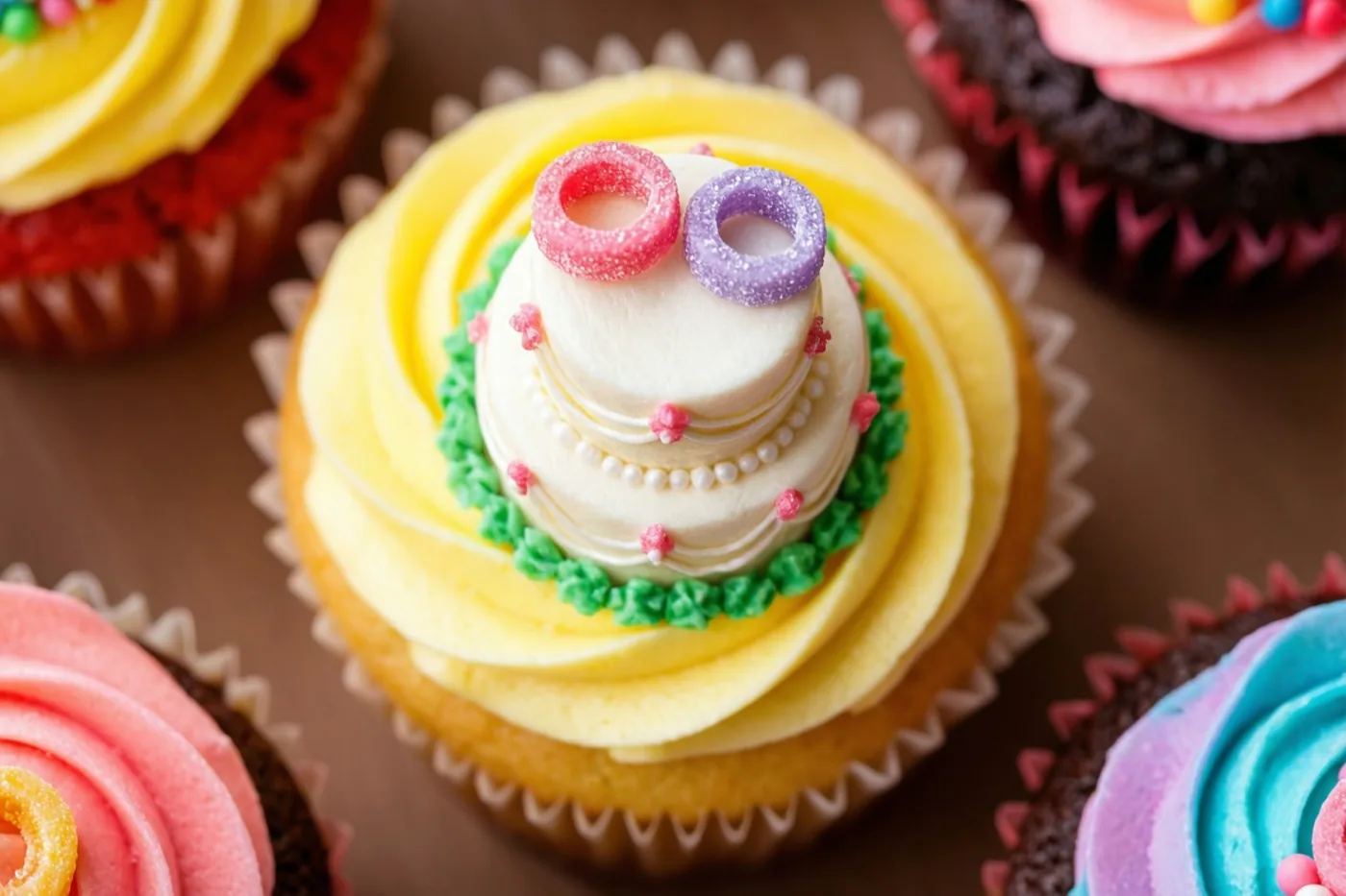 Een cupcake in de vorm van een miniatuurbruidstaart met twee kleine suikerringen staat tussen kleurrijke cupcakes op een bruine ondergrond.