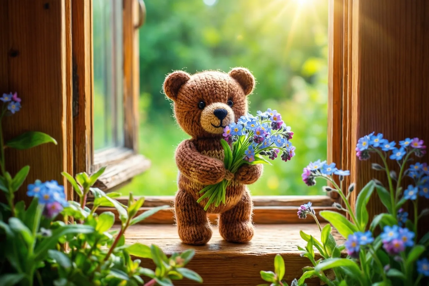 Een klein bruin gebreid beertje staat op een houten vensterbank met blauwe en paarse vergeet-mij-nietjes, terwijl buiten groene bladeren zichtbaar zijn in het warme zonlicht.