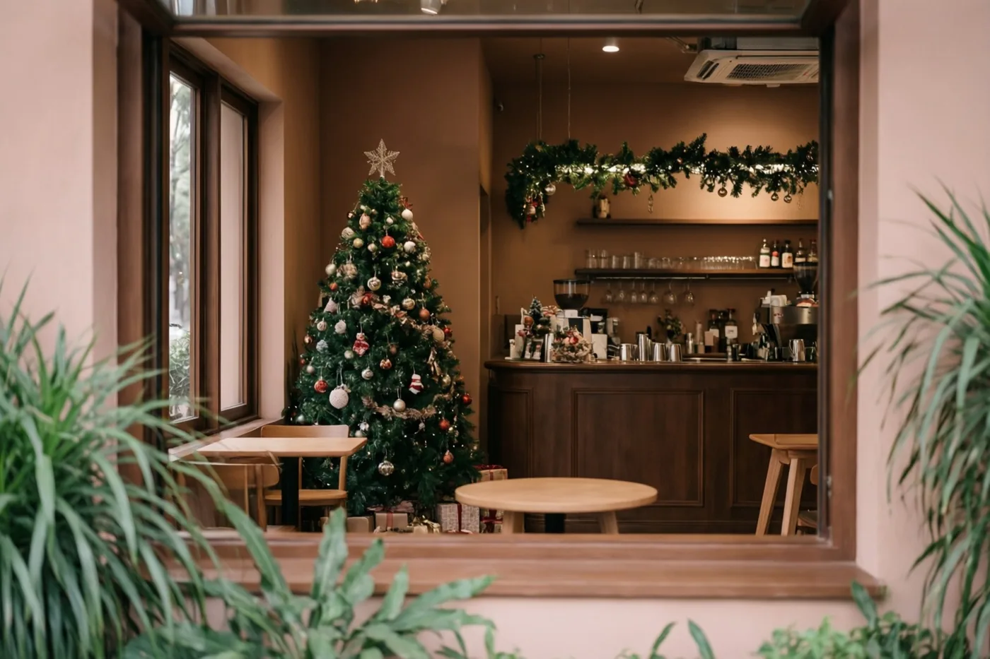 Door een raam met een houten kozijn is een bruin café te zien met een versierde kerstboom in de hoek en slingers boven de houten toog.