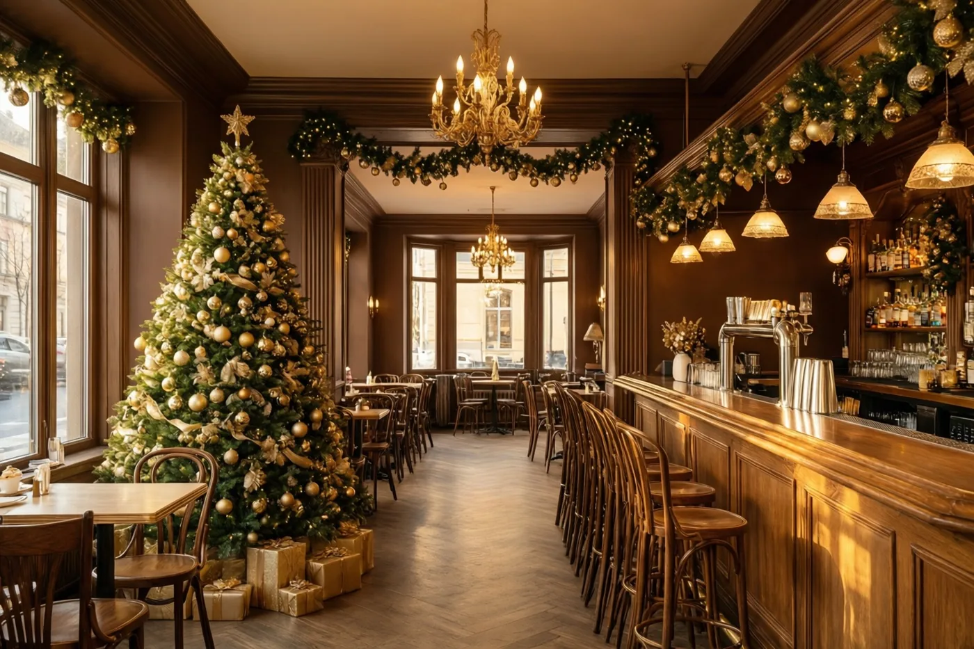 Een warm verlicht bruin café met goudkleurige accenten heeft een grote versierde kerstboom in de hoek en feestelijke slingers boven de houten toog.