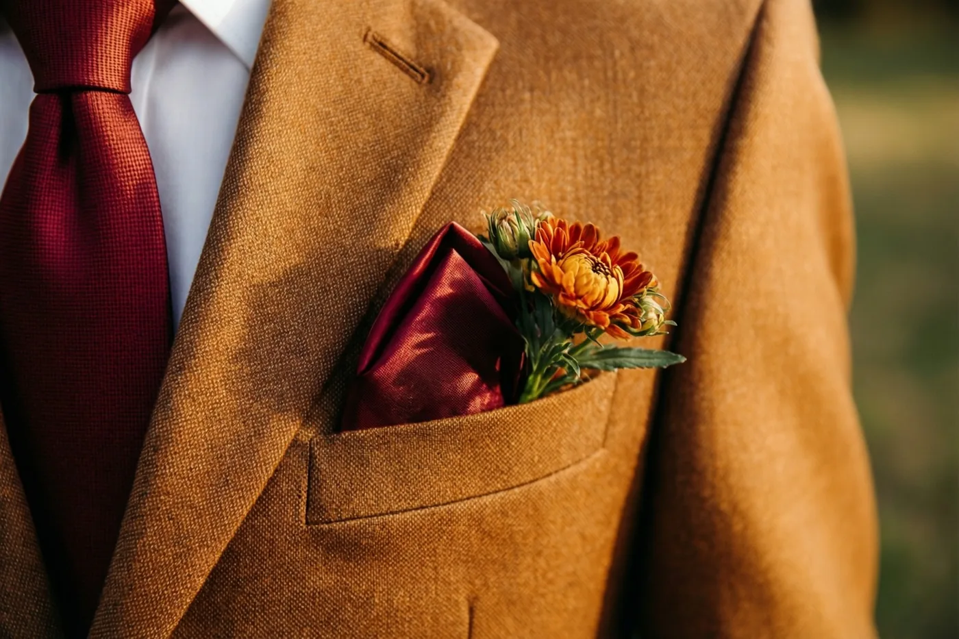 Een close-up toont de borstzak van een bruin colbert met een rood pochet en een klein oranje bloemetje in warm licht.