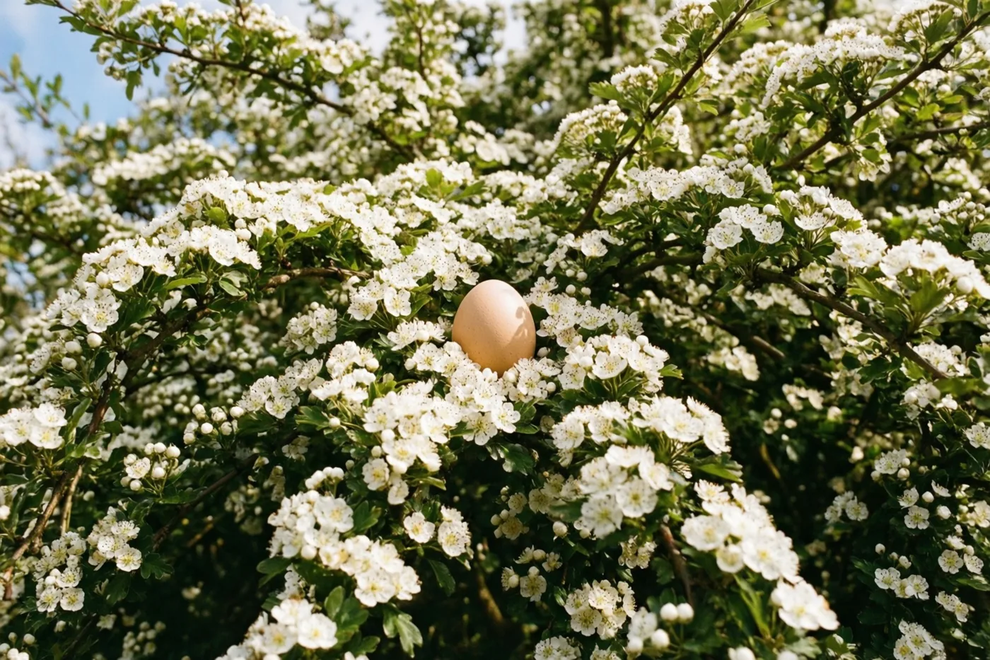 Een enkel bruin ei ligt tussen de witte bloesems en groene bladeren van een meidoornhaag onder een heldere hemel.