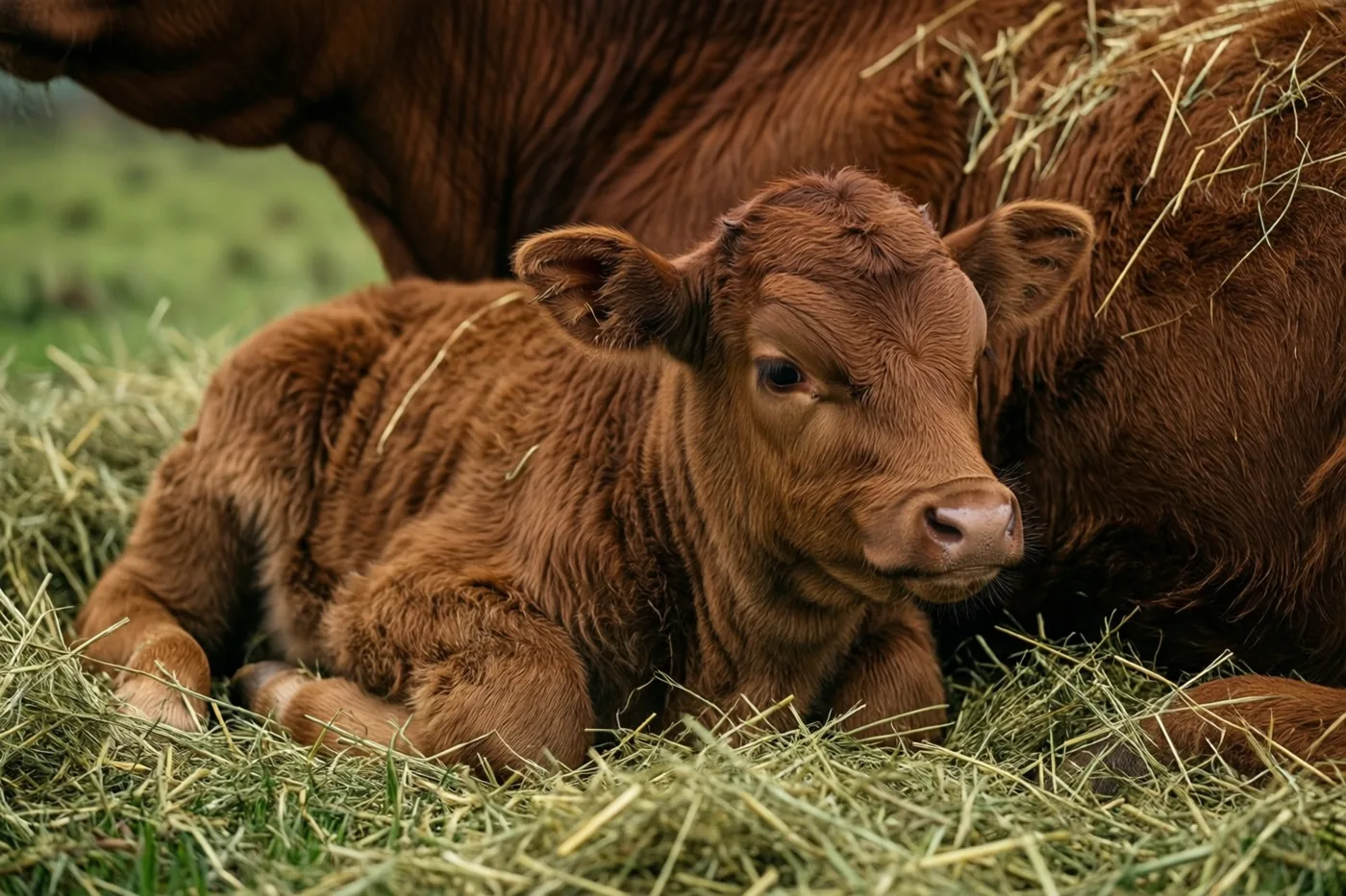 Een jong bruin kalfje ligt in vers stro tegen de flank van zijn moeder, met groen gras op de achtergrond.
