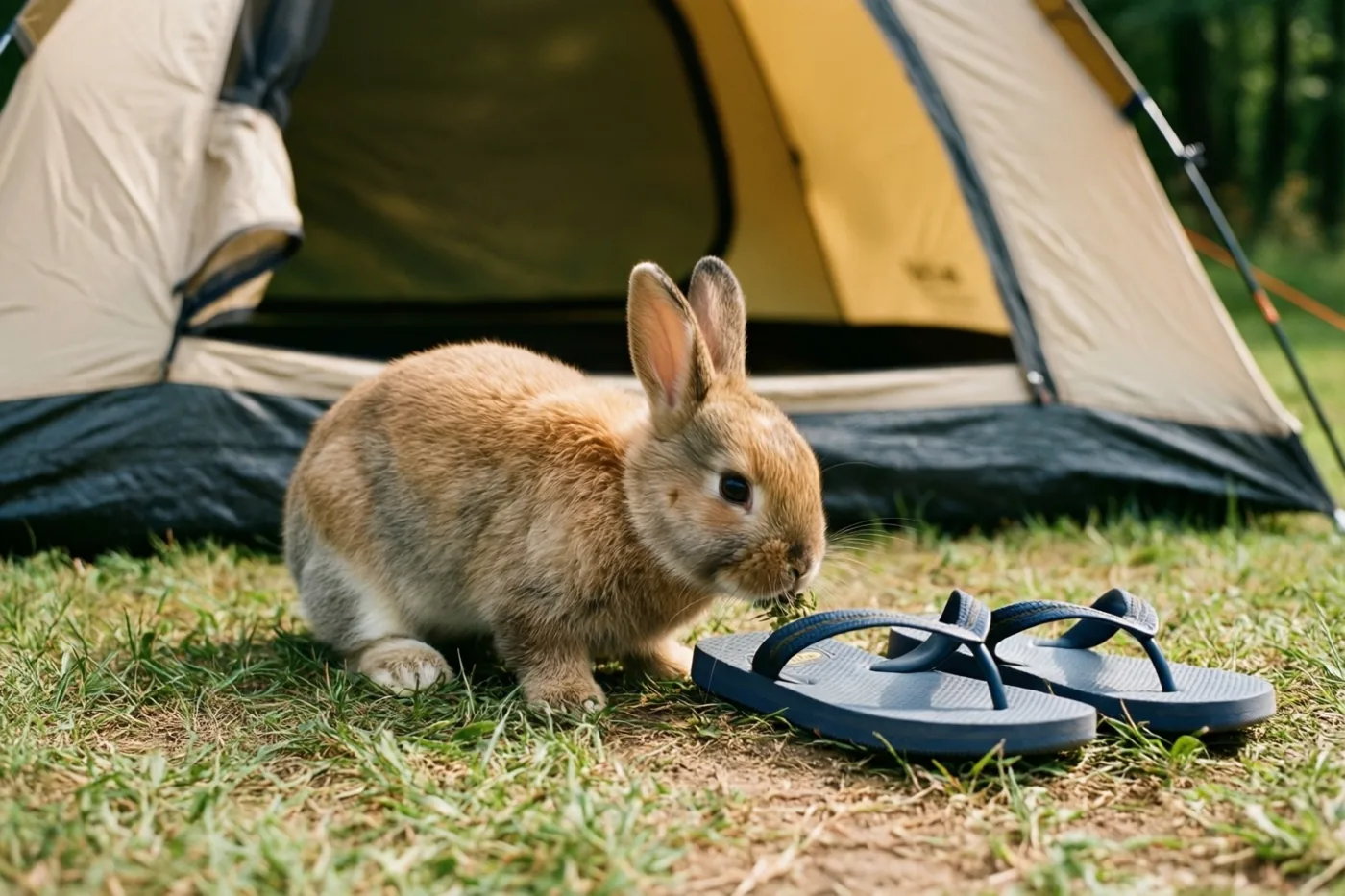 Een klein bruin konijn snuffelt aan blauwe teenslippers op gras voor een gele en beige tent in een zonnige omgeving.