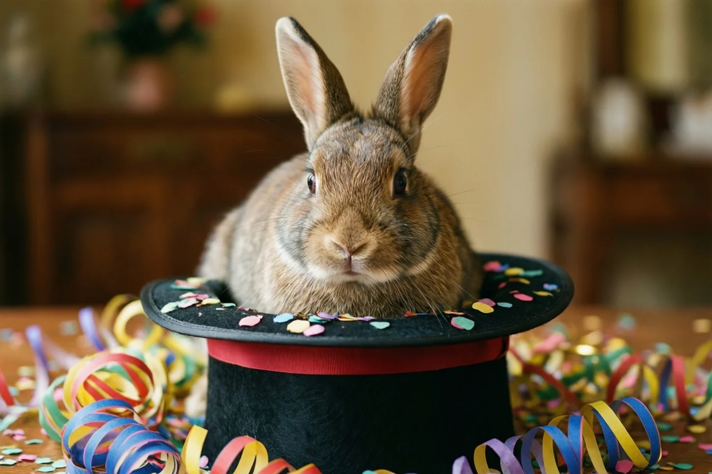 Een bruin konijn zit rechtop in een zwarte hoge hoed met kleurrijke confetti, op een houten ondergrond tussen slingers en confetti.